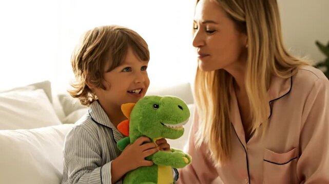 Ultra realistic cinematic video of a mother and her son enjoying playful time on a plush white bed surrounded by pillows the child holds a colorful green dinosaur plush toy and pretends to feed and pl