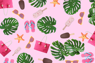 Naklejka premium Seamless pattern of different summer objects on pink background