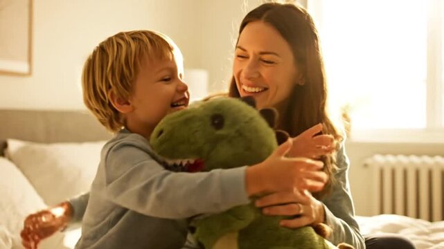Cinematic warm home interior scene of a loving mother and excited young boy bonding over a large green dinosaur stuffed toy on a comfortable white bed the boy makes roaring sounds and imaginative gest