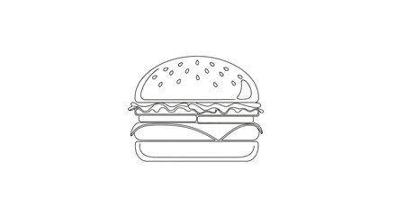 Fototapeta premium Simple line art illustration of a classic cheeseburger with sesame seeds on a white background.
