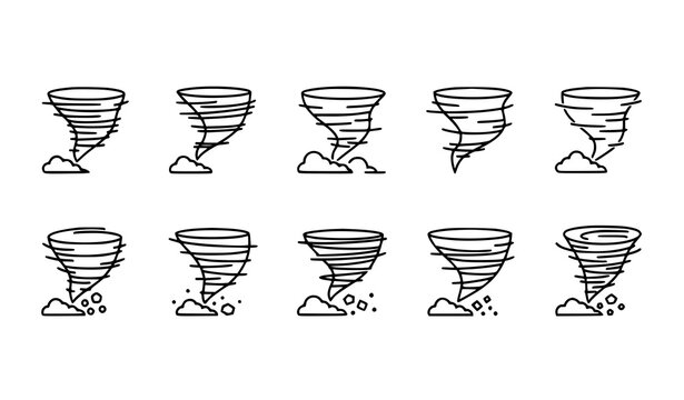 A set of black and white tornado icons in various stages of formation
