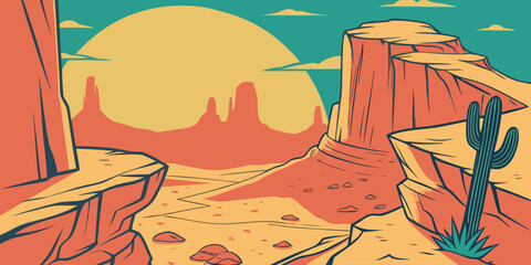Warm desert canyon scene with cactus, rocky cliffs, and glowing sunset. Perfect for western landscape themes, travel design, nature backgrounds, adventure posters, and outdoor illustrations. © yossi