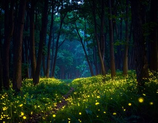 Fototapeta premium Enchanted Forest Path Illuminated by Fireflies at Twilight.
