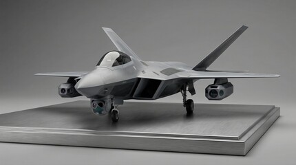 Fototapeta premium A sleek, grey, modern stealth fighter jet model with advanced sensor pods stands on a brushed metallic display base, symbolizing future military technology.