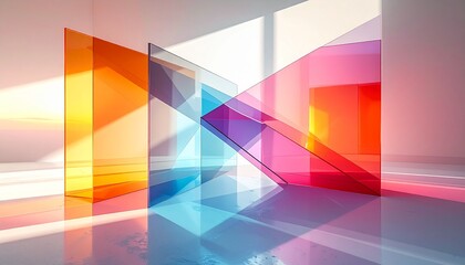 Fototapeta premium Dynamic interplay of vibrant light and shadow through intersecting abstract geometric planes, creating a captivating modern art composition with a futuristic aesthetic