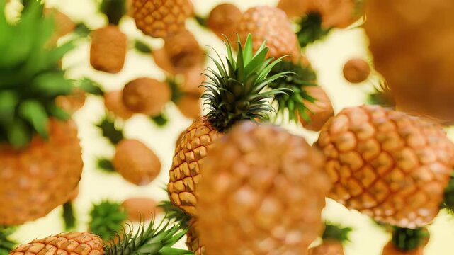 3D animation of fresh whole pineapples falling and floating in the air, realistic tropical fruit motion graphics for summer, travel, and healthy food concepts.
