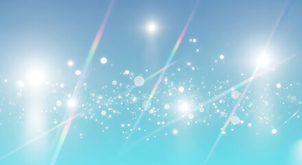 Fototapeta premium abstract light blue background with glittering particles and radiant lens flares creating a bright ethereal and clean atmosphere.