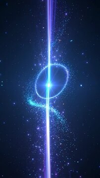 Abstract glowing blue energy beam with swirling particle ring and cosmic light rays, vertical sci-fi background