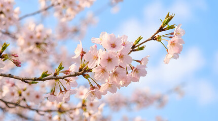 Delicate pink cherry blossoms blooming on a branch in springtime.