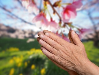 Hand holds praing in garden, Christian concept