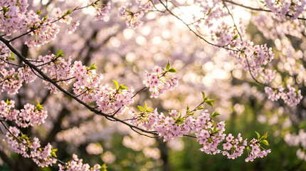 Delicate pink cherry blossoms blooming on branches in soft sunlight. © MayStudio.ai