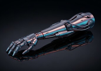 Naklejka premium Ultra realistic studio shot of a high end polished metallic bionic limb resting on a deep black reflective surface, presentation, aesthetic, engineering