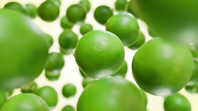 3D animation of fresh green limes falling and floating in the air, realistic citrus fruit motion graphics for refreshing drink, zest, and organic food concepts.
