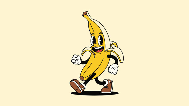Lively retro cartoon banana character with a big smile and expressive eyes, happily walking and swinging its arms, exuding cheerful vintage charm.