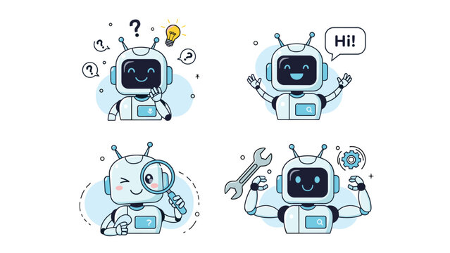 Engaging set of four cartoon chatbot illustrations depicting various actions and expressions: thinking, greeting, searching, and fixing, showcasing intelligent virtual assistance roles.