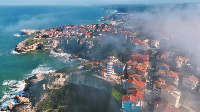Sile drone video with its marina, lighthouse and charming beach in Istanbul, Turkiye.