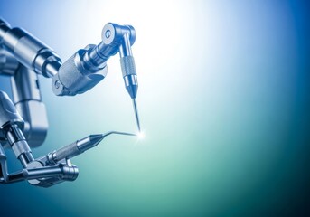 Extreme close-up perspective showing a high-precision microsurgical robotic arm through a microscope lens with selective focus and bright illumination, machine, tool, bokeh