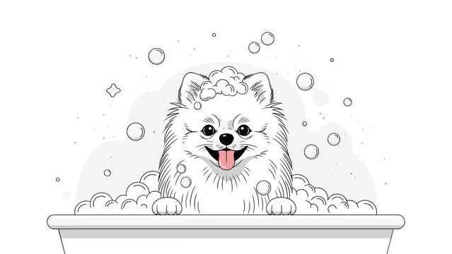 Charming line art illustration of a happy Pomeranian dog joyfully taking a bubbly bath, with foam and suds all around, showcasing pet grooming and cheerful animal care.