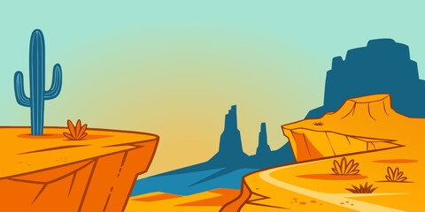 Minimal desert landscape with cliffs, cactus, and warm sunset colors. Perfect for western travel themes, nature backgrounds, adventure posters, tourism marketing, and outdoor design projects. © yossi
