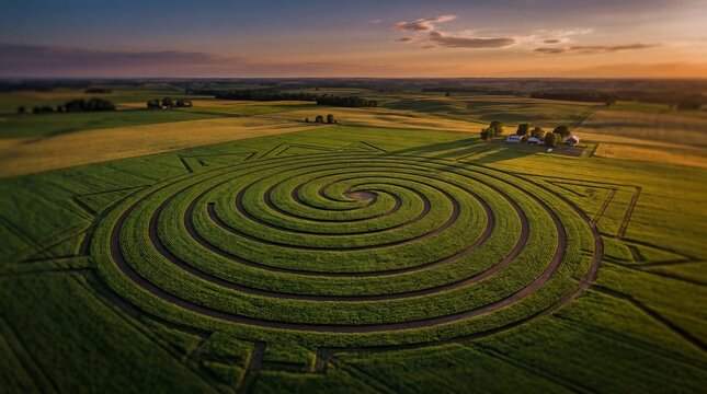 Aerial View of a Giant Spiral Crop Circle in a Field at Sunset.