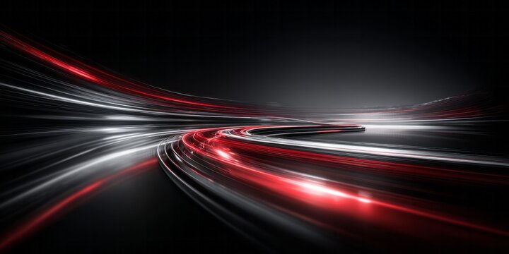 Abstract visualization captures dynamic motion with curving streaks of red and silver light against a dark background