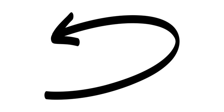 Hand drawn curved black arrow pointing left, sketch direction icon for navigation and back action.