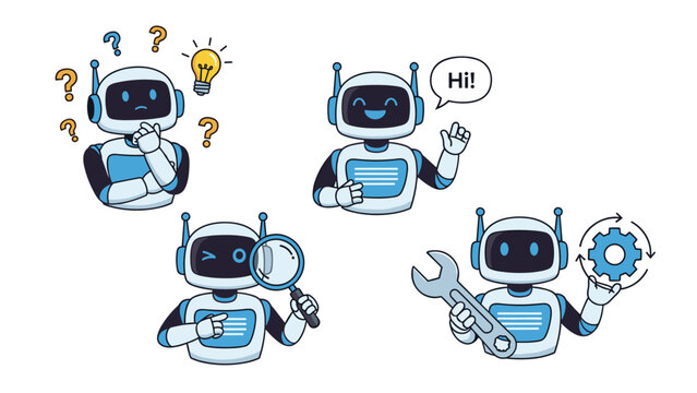 A set of four expressive robot mascots showcasing various actions: thinking, greeting, magnifying, and performing maintenance.