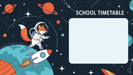 Naklejka premium Dynamic illustration of an astronaut fox running on a planet amidst cosmic elements, alongside a 