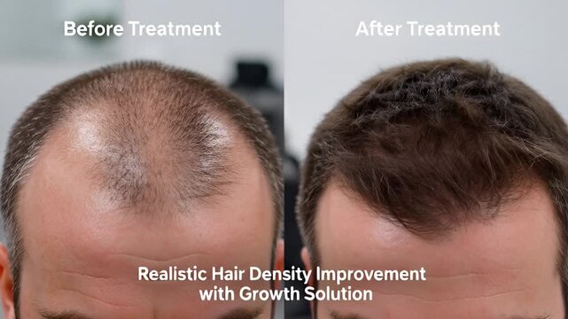 Remarkable before and after transformation of a man's scalp, demonstrating significant hair density improvement and successful regrowth treatment results