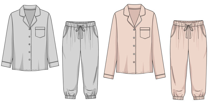 Two sets of pajamas in light gray and pink, button-up shirt with collar, drawstring pants, sleepwear fashion, flat vector illustration