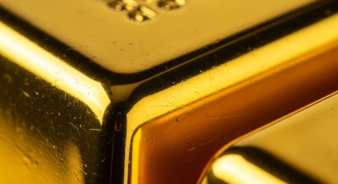 Close-up of a bullion surface, displaying fine textures, subtle scratches, and delicate dust illuminated by intense side light, bright, investment, luxury