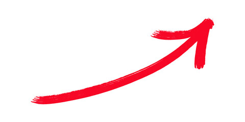 Hand drawn red arrow pointing right. Red upward arrow hand-drawn curved brush stroke indicating growth increase progress direction