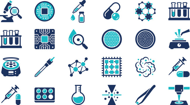 Collection of science laboratory equipment icons representing chemistry, biology, and modern nanotechnology research.