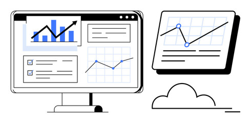 Fototapeta na wymiar Computer screen displaying analytics dashboard with bar graph, line charts, checklists, and cloud connection. Ideal for business, technology, data, analysis, strategy planning and productivity