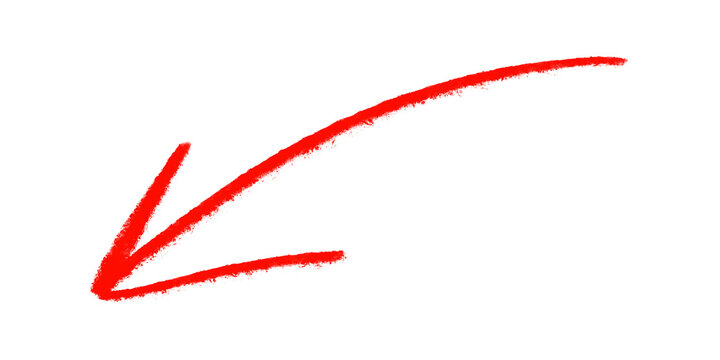 Dynamic red hand drawn curved arrow with artistic brushstroke. Hand drawn red arrow.