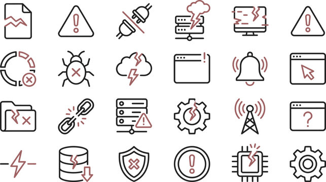 Modern vector icons illustrating critical system malfunctions, data breaches, and network problems.