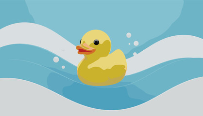 Cute yellow rubber duck floating on water waves, playful bath toy illustration for kids, bathroom design, nursery decor, childhood concept, and cartoon background
