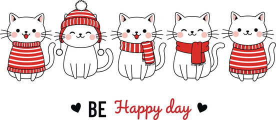 Cute winter cats wearing scarves sweaters and hat with be happy day text kawaii kitten cartoon illustration cozy holiday vector design set © Abdullah