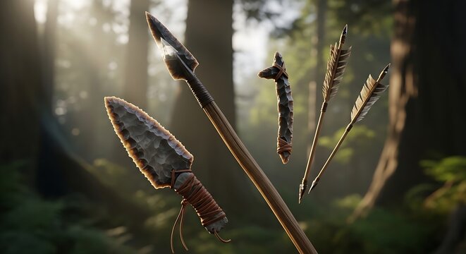 Ancient Stone Age Hunting Tools and Weapons in Forest
