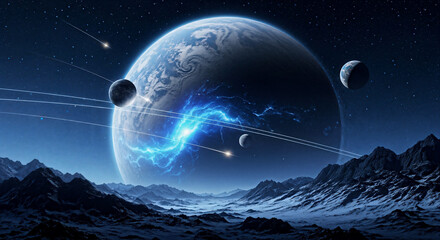 Epic Alien Planet Sci-Fi Landscape Moons Meteors Energy Storm Snowy Mountains © Photo Buddy