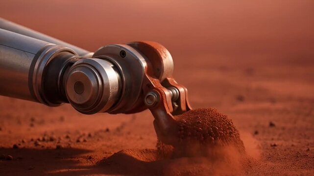 Robotic arm extracting red soil samples from a barren planetary surface for scientific research, advancing deep space exploration