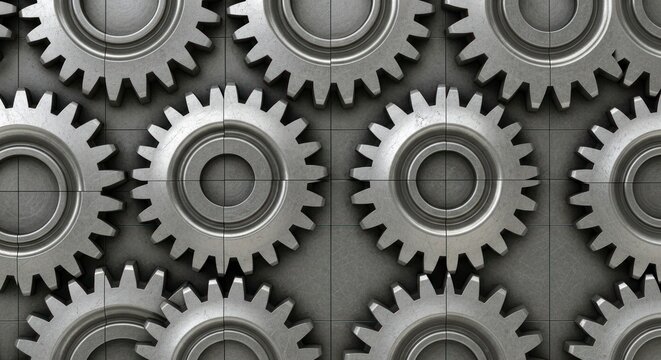 Metallic gears arranged in a repeating pattern representing mechanical systems