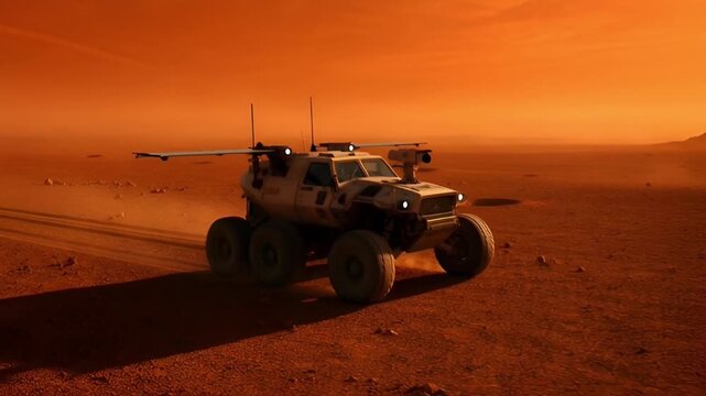 A rover vehicle traverses the red dusty surface of Mars, exploring the alien planet's terrain under a reddish sky