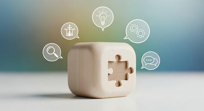 A wooden cube with a missing puzzle piece is surrounded by various communication and idea icons.