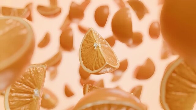 3D animation of fresh orange slices falling and floating in the air, realistic citrus fruit motion graphics for refreshing juice, summer, and healthy food concepts.
