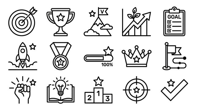 Black and White Business Success Icons Set.