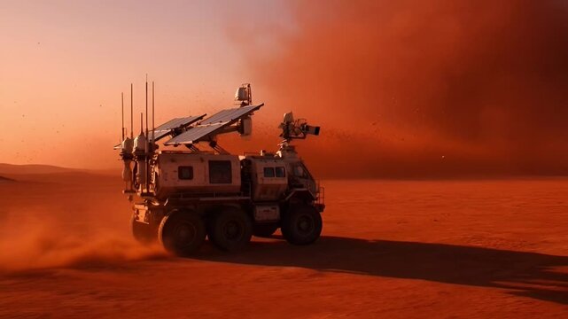 Mars rover exploring a dusty red planet landscape with solar panels and cameras, an advanced extraterrestrial exploration vehicle