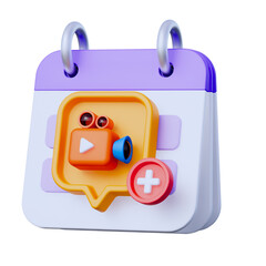 Fototapeta premium 3D Render of a Calendar Icon with Video Camera and Plus Sign, Symbolizing New Video Event Scheduling, Digital Content Planning, or Adding Media Appointments