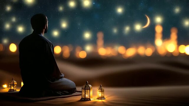 Faceless evocative Muslim man in prayer on mat, defocused desert dunes amidst, starry sky with crescent moon, mosque silhouettes luminous lanterns, with copy space
