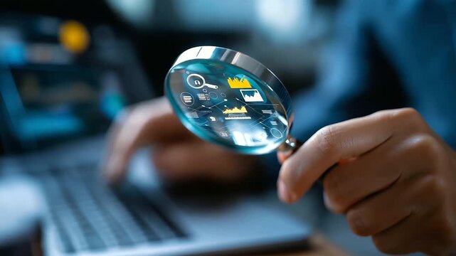 Digital marketing strategy with magnifying glass and icons, defocused business analysis, search engine optimization, online promotion visualization, with copy space